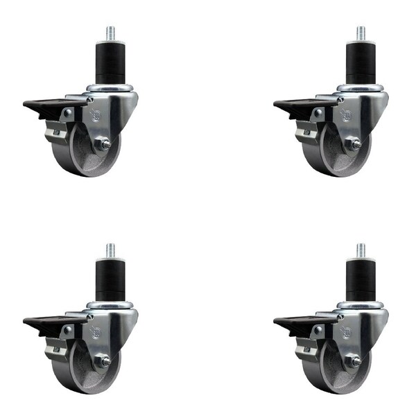 3'' Semi Steel Swivel 1-3/4'' Expanding Stem Caster Set with Brake, 4PK